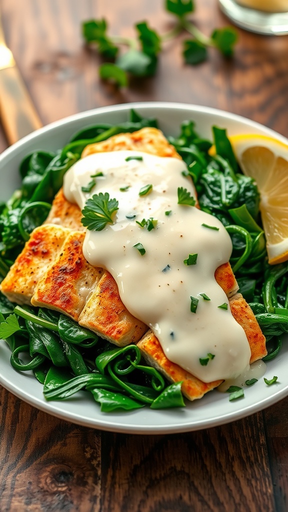 Creamy garlic tilapia with spinach on a plate, garnished with parsley and lemon.